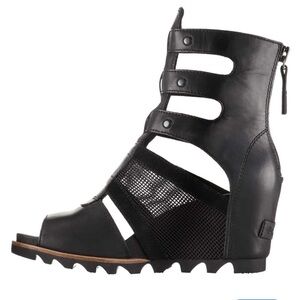 Sorel Joanie Gladiator Black Leather/ Mesh Cutout Wedge Mid Calf Sandals